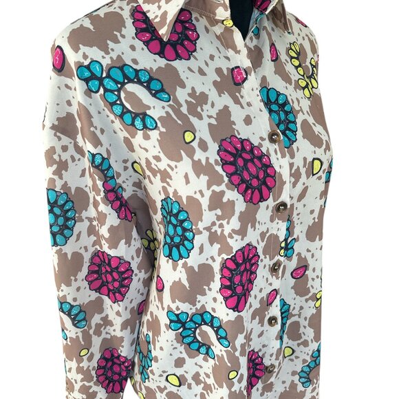 Grace & Emma Small Multicolor Cow Print Floral Long Sleeve Button Blouse - Picture 5 of 6